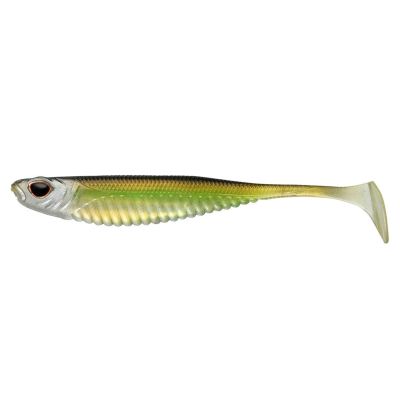 Nomad Design Live OPS Spectre Minnow Swimbait in Natural Shad color, soft minnow-shaped body with ribbed belly, silver head, green and gold sides, dark back, red eye, paddle tail.