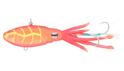 Nomad Design Squidtrex Jig - Pink Lumo Glow -  Soft plastic squid-shaped lure in bright pink with orange and yellow detailing, lifelike 3D eye, multiple trailing tentacles, two silver-colored hooks at rear, and two metal attachment loops.
