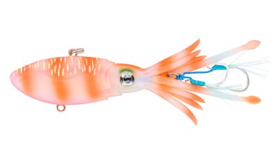 Nomad Design Squidtrex Jig - Orange Tiger - Plastic squid-shaped lure with orange stripes and yellow dashes, silver and black colored eye with green shading, white tentacles with orange speckles and tips, silver-colored hooks , and metal loops.