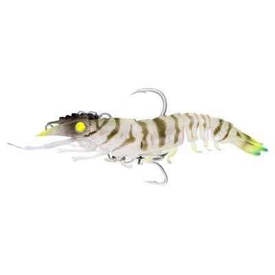 Nomad Design Live OPS Sumo Shrimp Double Hook, Hyper Tiger soft plastic shrimp lure with translucent white body, olive tiger striping, chartreuse accents, glowing eye, segmented legs, antennae, and exposed hook.