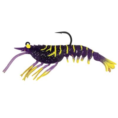 Nomad Design Live OPS Tideline Shrimp Lure Purple Haze Chartreuse soft plastic shrimp lure with dark purple body, chartreuse stripes and tail, speckled finish, molded legs and antennae, and black top-mounted hook.