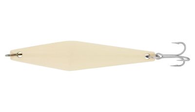 O.C.T. Jig - Bone, elongated bone-colored metal fishing jig with a tapered geometric body, attachment rings at both ends, and a silver-colored treble hook.