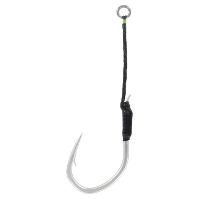 Owner Jigger Medium Blue Chaser Hooks - 2 Pk. - Size 13/0, front view, single silver colored hook attached to short black braided cord with heat shrink wrap, metal ring at top, curved shank, sharp point with barb
