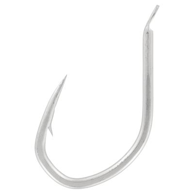 Owner Jigger Medium Chase Hooks - 2 Pk. - Size 13/0, front view, silver colored fishing hook with curved shank, wide gap, inline eye angled outward, sharp point with small barb, smooth finish