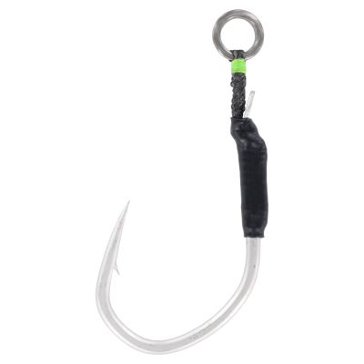 Owner Jigger Medium Short Chaser Hooks, close-up, single silver-colored hook with curved point and barb, black shrink-wrapped shank, braided cord loop with green binding and metal ring attachment