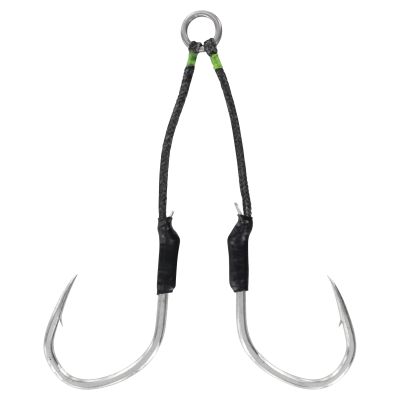 Owner Jigger Medium Twin Chaser Hooks - 2 Pk. - Size 7/0, two silver colored hooks attached to black braided cords joined at a single metal ring with green wraps, curved shanks, sharp pointed tips with barbs