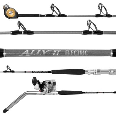 Penn Ally II Electric C60MHRT & Fathom Electric 30 Deep Drop Combo with silver-colored bent butt, black foam grips, patterned foregrip, upward-facing guides, silver reel seat, and “ALLY II ELECTRIC” text.