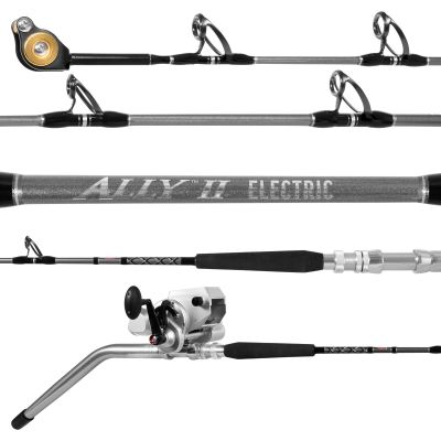 Penn Ally II Electric 60CXHRT & Fathom Electric 80 Deep Drop Combo with silver-colored bent butt, large silver electric reel, black foam grips, patterned foregrip, upward-facing guides, and &ldquo;ALLY II ELECTRIC&rdquo; text.