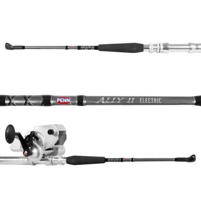 Penn Ally II Electric ALLYELIICKITE rod and Fathom Electric FTH80ELKIT kite fishing combo shown in multiple views with rod sections, branding, and mounted electric reel.