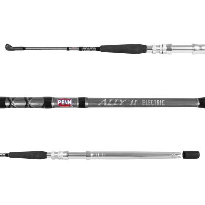 Penn Ally II Electric Kite Rod with visible &ldquo;PENN&rdquo; logo and &ldquo;ALLY II ELECTRIC&rdquo; branding. Features black foam foregrip, silver-colored reel seat, and up-facing guides on a dark gray blank with patterned wrappings.