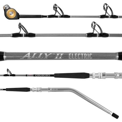 Penn Ally II Electric 60CXHRT Conventional Rod with upward-facing guides, black wrappings, and a gold-accented roller tip. Glossy gray blank labeled “ALLY II ELECTRIC,” black grip, and bent silver-colored butt.