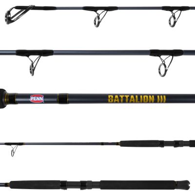 Penn Battalion III BATBWIII1530S70 Boat Spinning Rod shown in multiple views, highlighting the rod guides, PENN Battalion III branding, black foam grips, and reel seat.