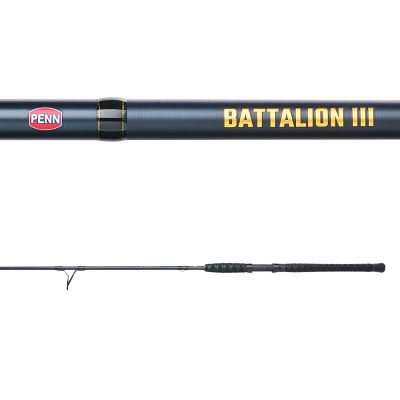 Penn Battalion BATINIII2040S80 Inshore Spinning Rod with split diamond wrap grip, rubber gimbal, large spinning guide, and black rod shown on a white background.