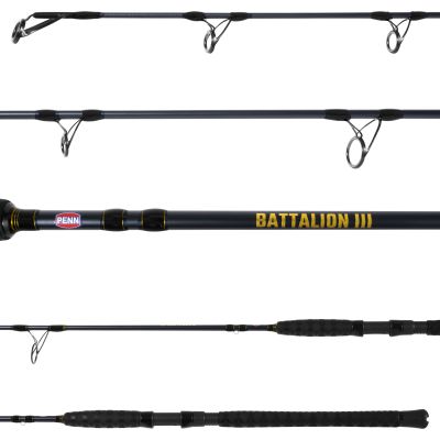 Penn Battalion III BATINIII2040S80 Inshore Spinning Rod shown in multiple views with black rod blank, line guides, black grips, Penn branding, and rubber gimbal.