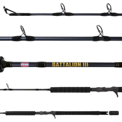 Penn Battalion III BATJGIII50130C62 Jig Conventional Rod shown in multiple detail views of the black rod blank, line guides, gold branding, trigger grip, and black gimbal with removable cap.