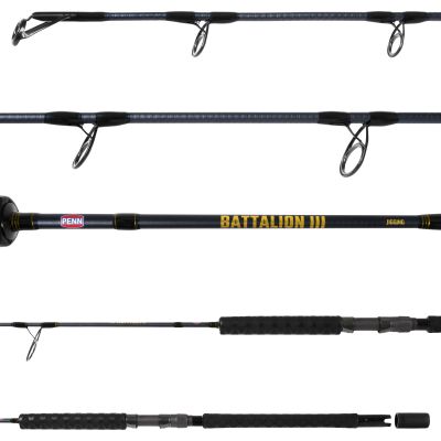 Penn Battalion III BATJGIII50130S64 Jig Spinning Rod shown in multiple views with line guides, black grips, reel seat, branding, gimbal, and butt cap.
