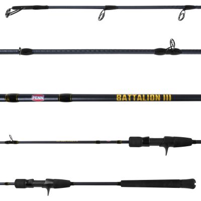 Penn Battalion III BATSPJIII250C68ML Slow Pitch Casting Rod shown in multiple views with black grips, reel seat, branding, gimbal, and spiral guides transitioning from above the rod blank to below near the tip.