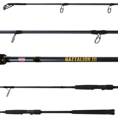 Penn Battalion III BATSPJIII450S68MH Slow Pitch Spinning Rod shown in multiple sections, highlighting the guides, Penn logo, Battalion III branding, reel seat, and black grips.