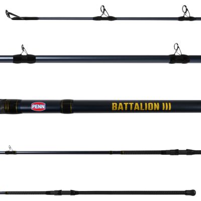 Penn Battalion III BATSFIII3060C13 Surf Conventional Rod shown in multiple views, highlighting the rod blank, guides, Penn branding, handle, reel seat, and butt cap.