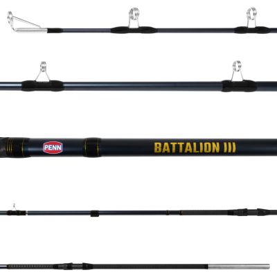 Penn Battalion III 5080C13UL Surf Conventional ULUA Rod shown in multiple views, highlighting the rod blank, silver guides, Penn branding, handle, reel seat, and metal butt.