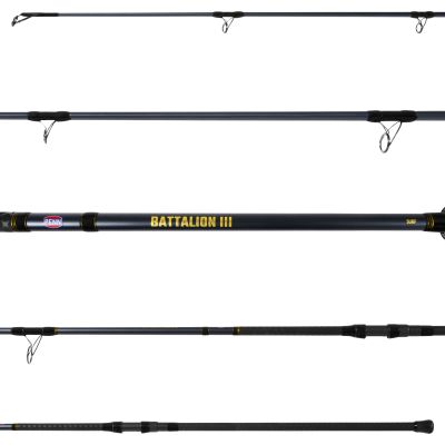 Penn Battalion III BATSFIII2040S12 Surf Spinning Rod shown in multiple sections, highlighting the rod blank, guides, Battalion III branding, handle, reel seat, and butt end.