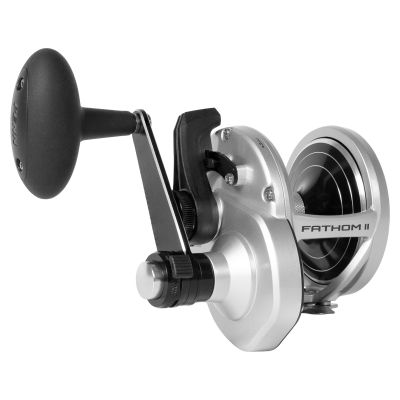 Penn Fathom II FTHII40NLD2 2-Speed Lever Drag Reel shown in three-quarter view from handle side with silver-colored metal body, black spool and handle grip, and PENN and FATHOM II branding visible.