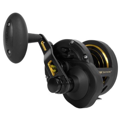 Penn Fathom "OG" 2-Speed Lever Drag Reel - FTH40NLD2, 3/4 view, black lever drag reel with gold-colored spool rings and accents, round black handle knob, two-speed shift button, star drag housing, "PENN" black, "PENN Fathom" gold-colored.