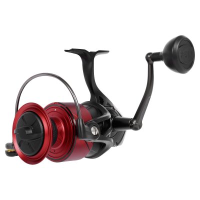 Penn Fierce FRCV8000 Spinning Reel with a red spool, black body, silver bail wire, and angled black handle.