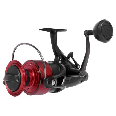 Penn Fierce FRCV8000LL Live Liner Spinning Reel angled view showing the black body, red spool, bail wire, reel foot, and black handle.