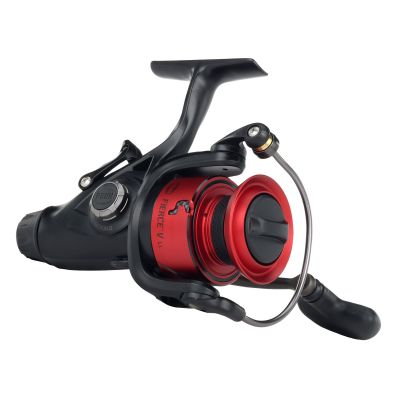 Penn Fierce V FRCV8000LL Live Liner Spinning Reel shown in a 3/4 plate side view with a red spool, black body, and silver bail wire.