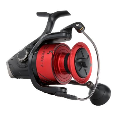 Penn Fierce FRCV8000 Spinning Reel shown in a 3/4 plate side view with a red spool, black body, and silver bail wire.