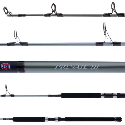 Penn Prevail III Spinning Boat Rods showing all sections of rod including black handles, reel seat, gray-colored blank with black and red wrappings and dark gray guides facing up