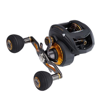 Penn Fathom Low Profile Baitcasting Reel - Three Quarter View - Penn logo on Reel Body. Text: Fathom