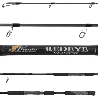 Phenix Redeye RTX-S 760M-3 Travel Series Spinning Rod with black blank, silver-colored guides facing down, and split grip rubber handle in black and gray with fish-shaped silhouette. Branding reads &ldquo;Phenix Custom Quality Rods&rdquo; and &ldquo;REDEYE Travel Series&rdquo;.