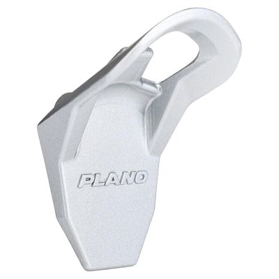 Plano GoNow Bottle Opener, 3/4 view, silver-colored metal opener with curved hook end and flat body, raised "PLANO" text centered on front