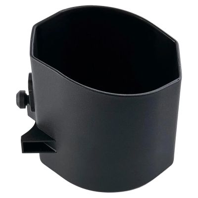 Plano GoNow Cup Holder, 3/4 view, black plastic cylindrical cup holder with angled top edge and open interior, side mounting bracket with bolt attachment point extending from base