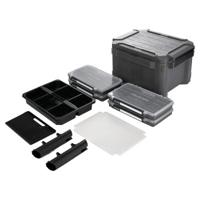 Plano GoNow Fish Kit 30L Small Freshwater, 3/4 view, dark gray storage box with lid closed, black tray, clear-lid utility boxes, divider panel, mounting brackets, "PLANO" white on boxes and lid.