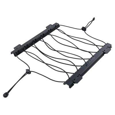 Plano GoNow Lid Keeper, 3/4 view, black elastic cord grid with adjustable toggle ends attached to rectangular plastic frame clips, "PLANO" on frame.