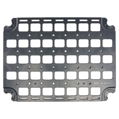Plano GoNow MOLLE Board, top view, dark gray rectangular panel with grid of square cutouts and evenly spaced round holes, four rounded corner mounts, "PLANO" light gray text in lower right.