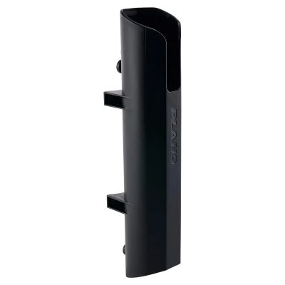 Plano GoNow Rod Holder, side view, black plastic vertical rod holder with open top and curved front edge, two mounting tabs extending from back, "PLANO" embossed black