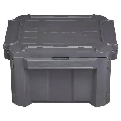 Plano GoNow Box - 30L - Small - Charcoal, front view, dark gray plastic storage box with hinged lid, raised panel lines, recessed front latch, molded side handles, "PLANO" on lid.