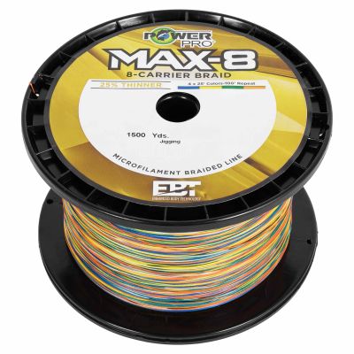 Max-8 8-Carrier Braid spool in multicolor with PowerPro logo on top. Text includes 25% Thinner, 4x25'Colors-100'Repeat, labeled 1500 yds for jigging, Microfilament Braided Line, and Powered by EBT Enhanced Body Technology.