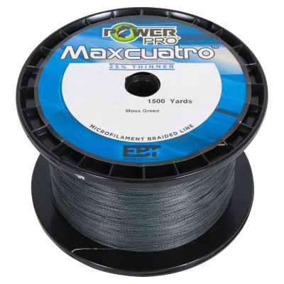 PowerPro Maxcuatro moss green line on black spool. Label text includes POWER PRO, Maxcuatro, 25% Thinner, Best Line ICAST Winner, 1500 Yards, Moss Green, Microfilament Braided Line, Powered by EBT Enhanced Body Technology.