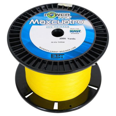 PowerPro Maxcuatro hi-vis yellow line on black bulk spool. Label text includes POWER PRO, Maxcuatro, 25% Thinner, Best Line ICAST Winner, 3000 Yards, Hi-Vis Yellow, Microfilament Braided Line, Powered by EBT Enhanced Body Technology.