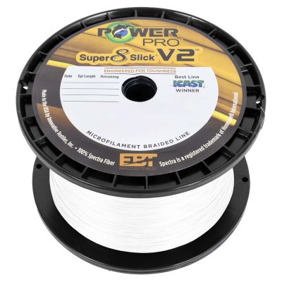PowerPro Super 8 Slick V2 braided fishing line spool in white, with black plastic spool, gold and white label, and printed text &ldquo;Engineered for Toughness,&rdquo; &ldquo;Microfilament Braided Line,&rdquo; and &ldquo;ICAST Winner.&rdquo;