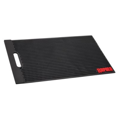 Rapala fillet mat, black rectangular rubber mat with textured non-slip surface, integrated handle cutout on one end, and red Rapala logo in the corner.