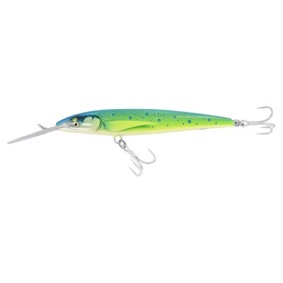 Rapala Magnum Elite in Dorado color, elongated hard-bodied lure with green back, yellow sides, blue dot pattern, diving bill, and silver-colored treble hooks.