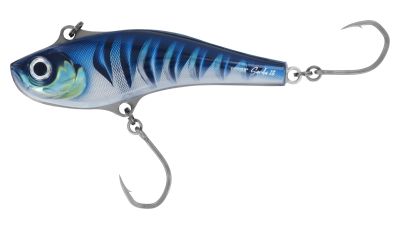 Rapala Sarda Bibless Lure SD18 Silver Blue Mack - Fish-shaped lure with gradient blue and silver body, dark blue vertical stripes, silver holographic eye, and two large silver-colored single hooks; &ldquo;Rapala Sarda 18&rdquo; printed near tail.