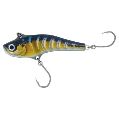 Rapala Sarda Bibless Lure SD18 Silver Blue Mack - Fish-shaped lure with gradient blue and silver body, dark blue vertical stripes, silver holographic eye, and two large silver-colored single hooks; “Rapala Sarda 18” printed near tail.