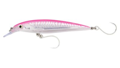 Rapala X-Rap Long Cast Lure Hot Pink UV, side view, minnow shaped hard bait with hot pink back and translucent clear body showing white rib pattern, green and black eye, clear diving lip, silver-colored split rings with two single hooks